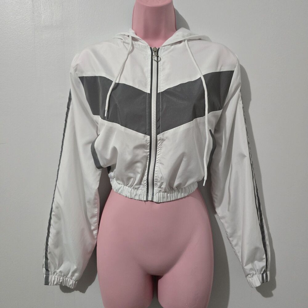 Thrill - Jacket - Size M - Chevron Windbreaker Reflective Cropped Zip Up- White